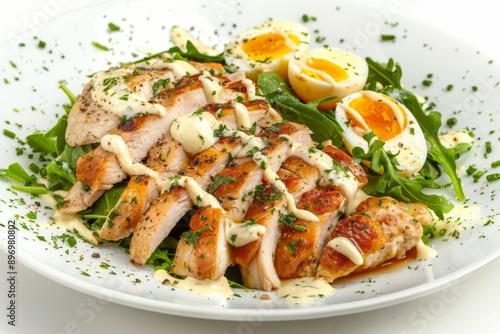 Chicken Mayonnaise Salad with Sliced Poultry Meat, Quail Eggs, Greens, Olivier Salat with Sliced Meat