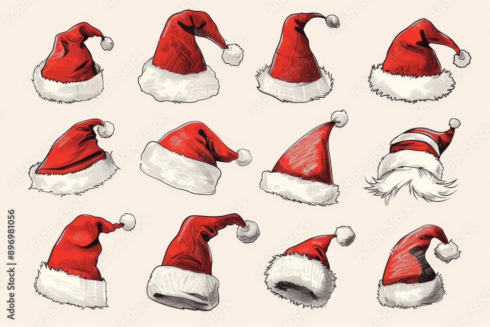 Santa hat icon, christmas hat, santa claus cap , red holiday costume symbol, xmas hat sign on white Santa hat icon, christmas hat, santa claus cap , red holiday costume symbol, xmas hat sign on white