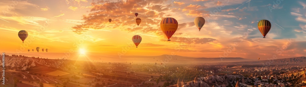 Obraz premium Breathtaking Sunrise Landscape with Hot Air Balloons: Inspiring Natural Tourism Destination Showcasing Vibrant Sky, Scenic Beauty, and Adventure Travel. Panoramic View of Serene Countryside for Wander