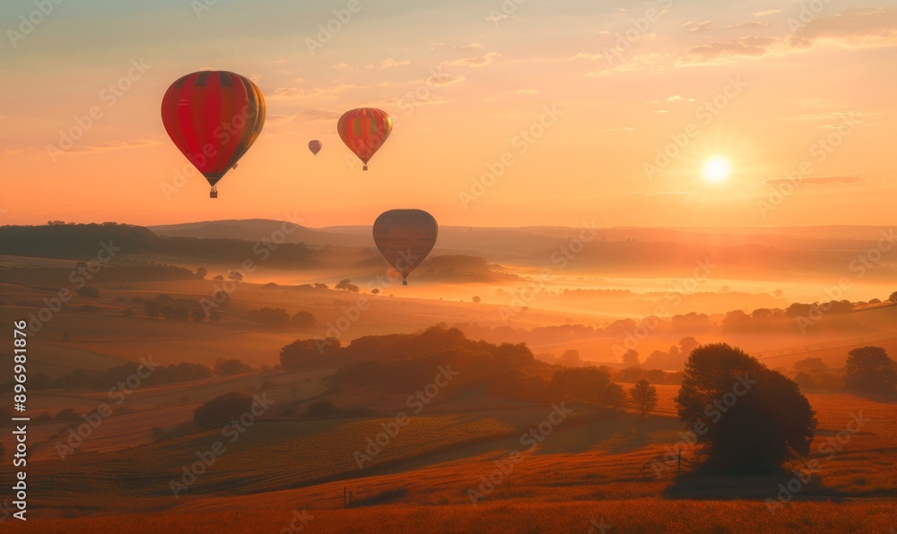 Fototapeta premium Breathtaking Sunrise Landscape with Hot Air Balloons: Inspiring Natural Tourism Destination Showcasing Vibrant Sky, Scenic Beauty, and Adventure Travel. Panoramic View of Serene Countryside for Wander