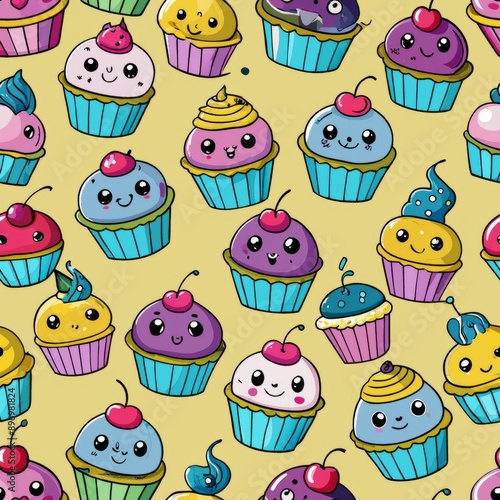 Seamless pattern of cupcakes with cute faces and expressions, Generative AI