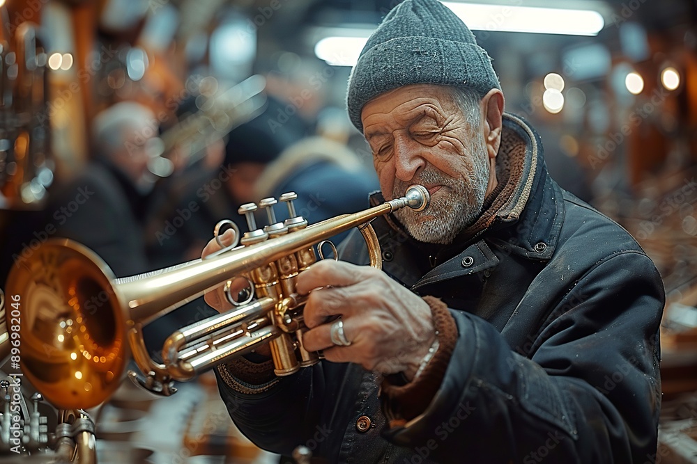 Obraz premium older gentleman playing trumpet in winter, wearing gloves and hat