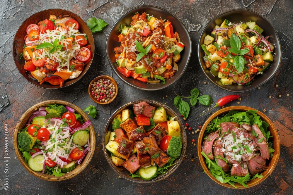 Spicy Salads Set, Salat Collection with Beef Meat and Vegetables Salats Top View, Restaurant Buffet Menu Spicy Salads Set, Salat Collection with Beef Meat and Vegetables Salats Top View, Restaurant Buffet Menu