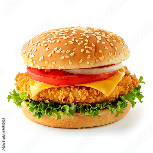 juicy chicken burger featuring a crispy fried fillet topped with tomato and cheese. with copy space image. place for adding text or design isolated on white background, png photo