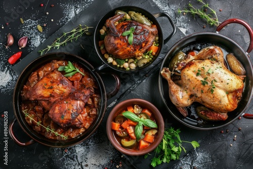 Restaurant Food Set with Fried Chicken Kiev, Homemade Kaurma Lagman and Roasted Turkey photo