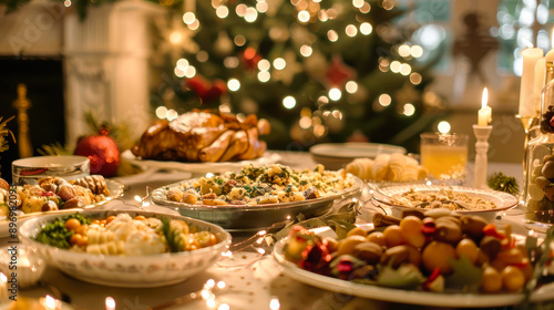 Festively decorated Christmas table with candlelight and string lights, filled plates creating a warm holiday celebration scene