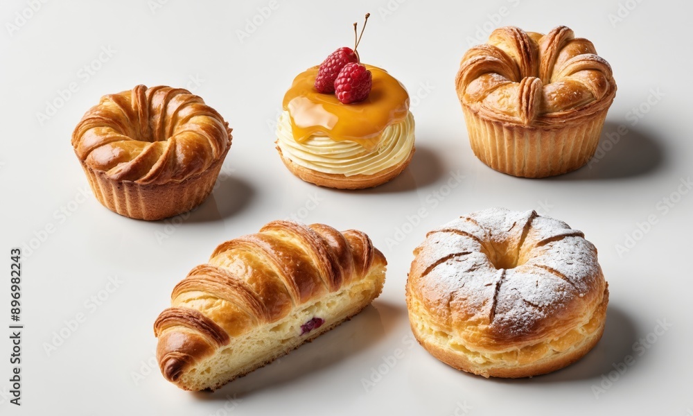 Freshly baked pastries on white background Freshly baked pastries on white background