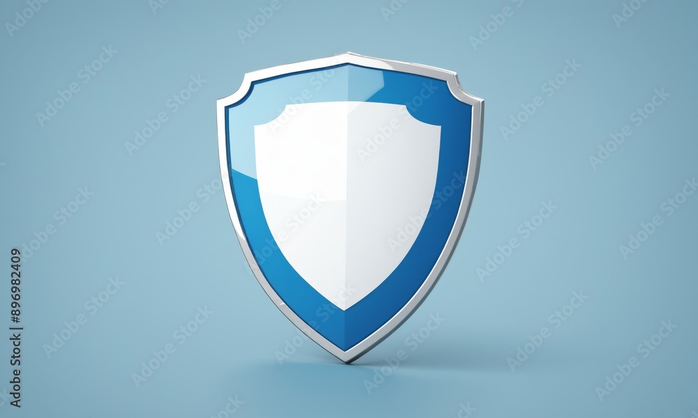 3D illustration of a blue and white shield with a silver rim on a blue background 3D illustration of a blue and white shield with a silver rim on a blue background
