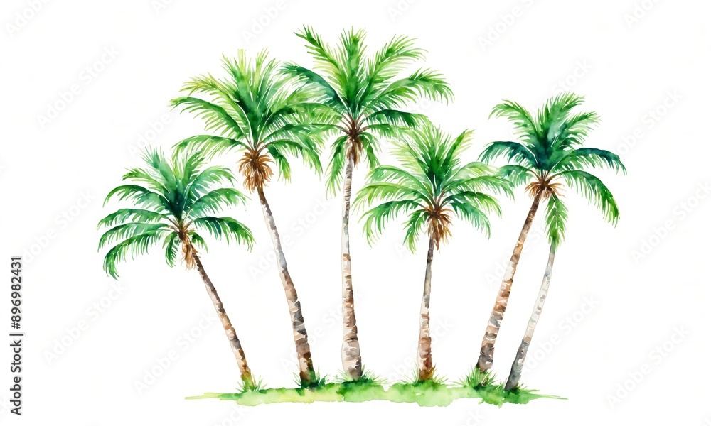 Obraz premium Watercolor painting of five palm trees on white background