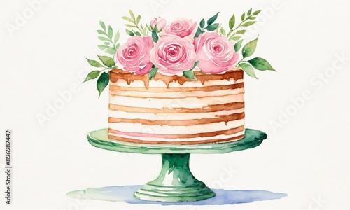 Watercolor illustration of a cake with pink roses on top