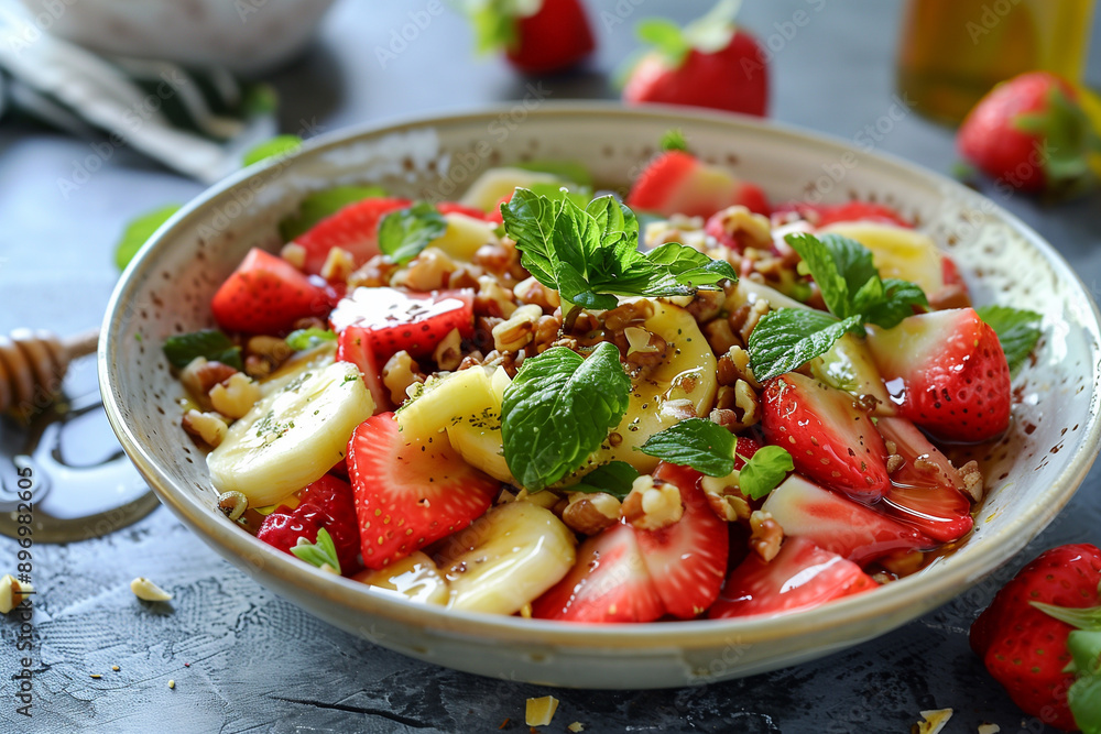 Summer fruit salad in a bowl. Healthy diet food for breakfast. Mixed fruits, berries and mint for diet lunch. Summer fruit salad in a bowl. Healthy diet food for breakfast. Mixed fruits, berries and mint for diet lunch.