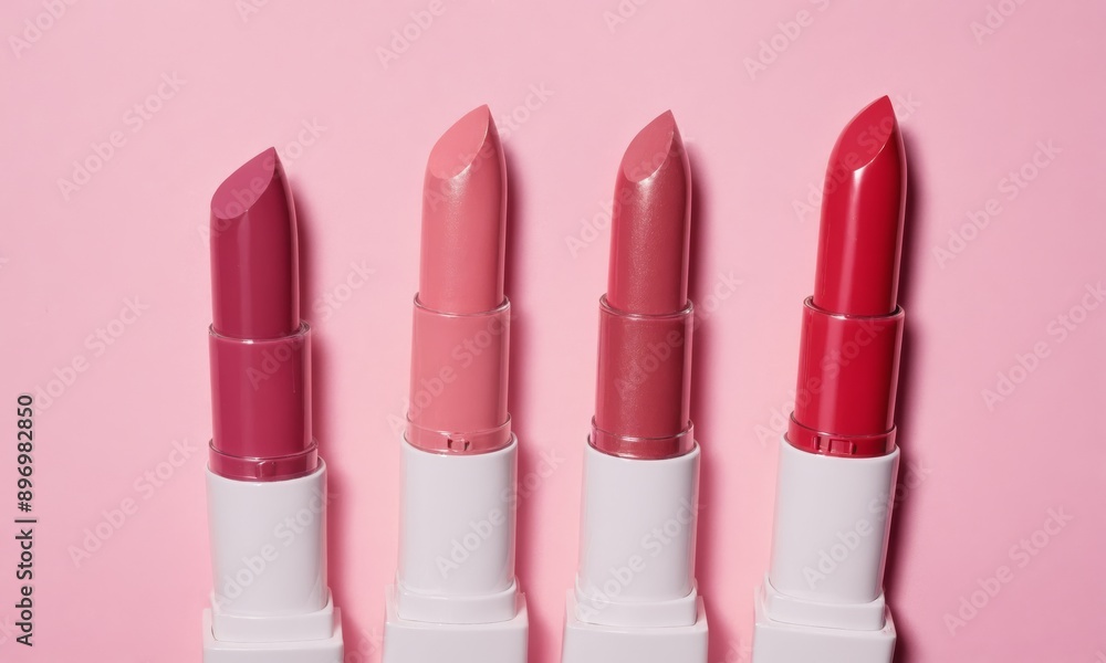 Obraz premium Four lipstick tubes on pink background