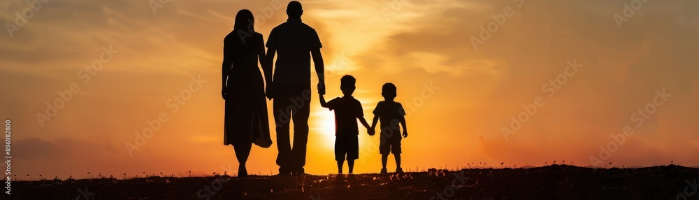Family Walking Together at Sunset Silhouette - Parents and Children Holding Hands Against a Beautiful Orange Sky Family Walking Together at Sunset Silhouette - Parents and Children Holding Hands Against a Beautiful Orange Sky