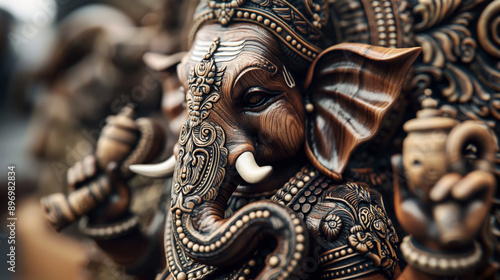 Wallpaper Mural Intricate wooden carving of an elephant-headed deity with detailed patterns and ornate designs Torontodigital.ca