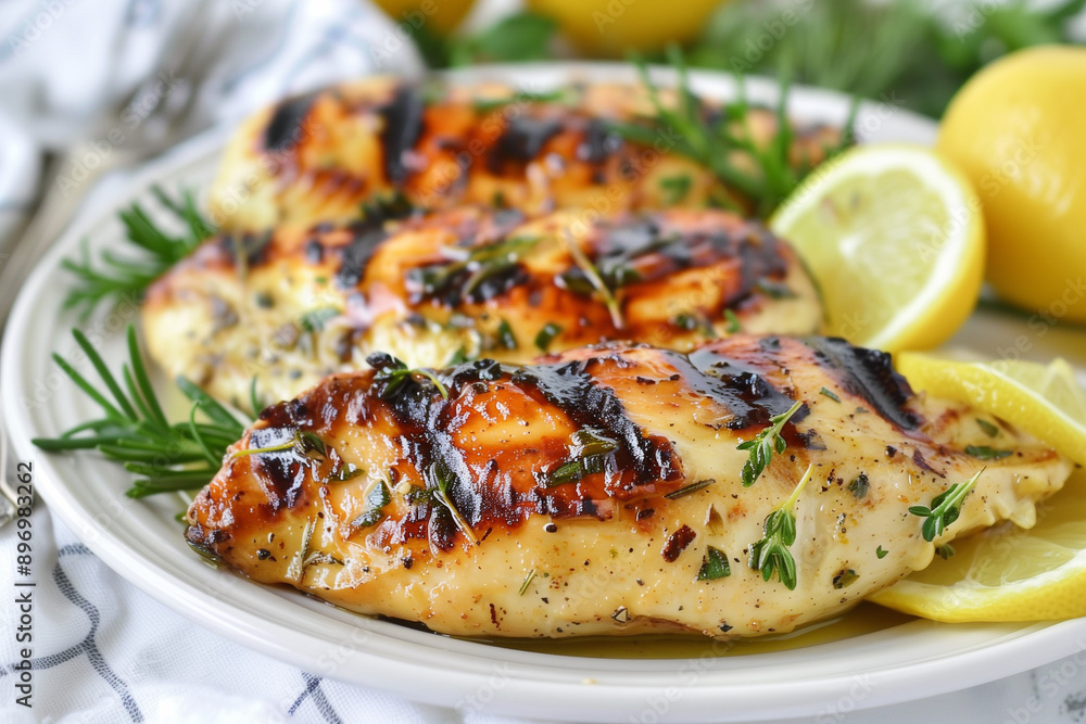 Tasty grilled chicken fillets with garlic, lemon and sauce Tasty grilled chicken fillets with garlic, lemon and sauce