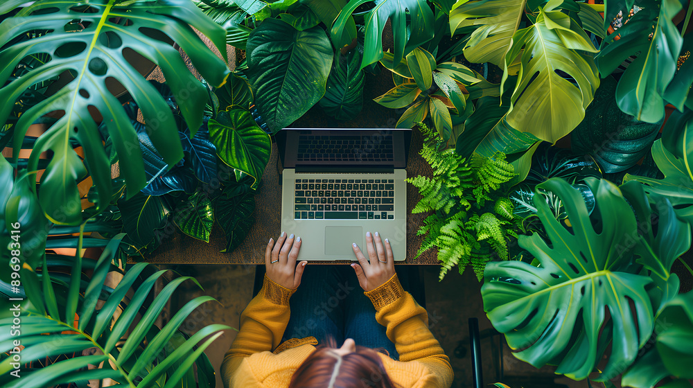 person working on their laptop with lush green plants around them ...