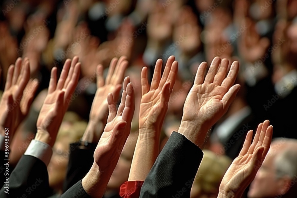 Diverse Audience Raising Hands in Participation at an Event Diverse Audience Raising Hands in Participation at an Event