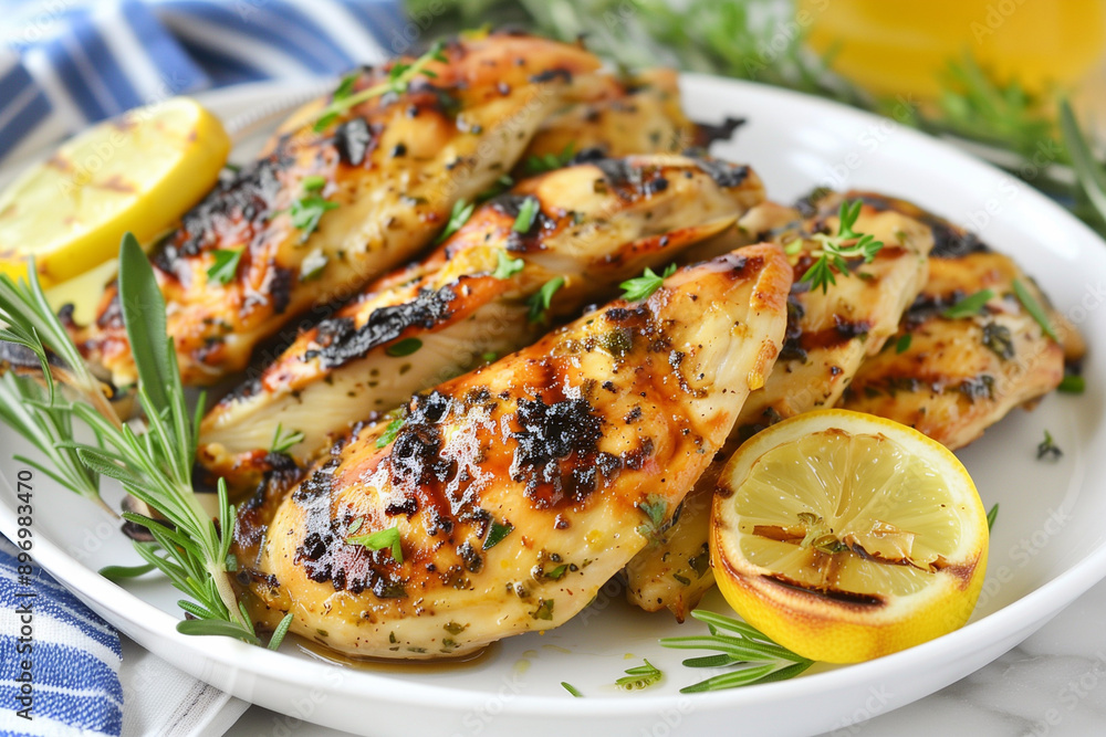 Tasty grilled chicken fillets with garlic, lemon and sauce Tasty grilled chicken fillets with garlic, lemon and sauce