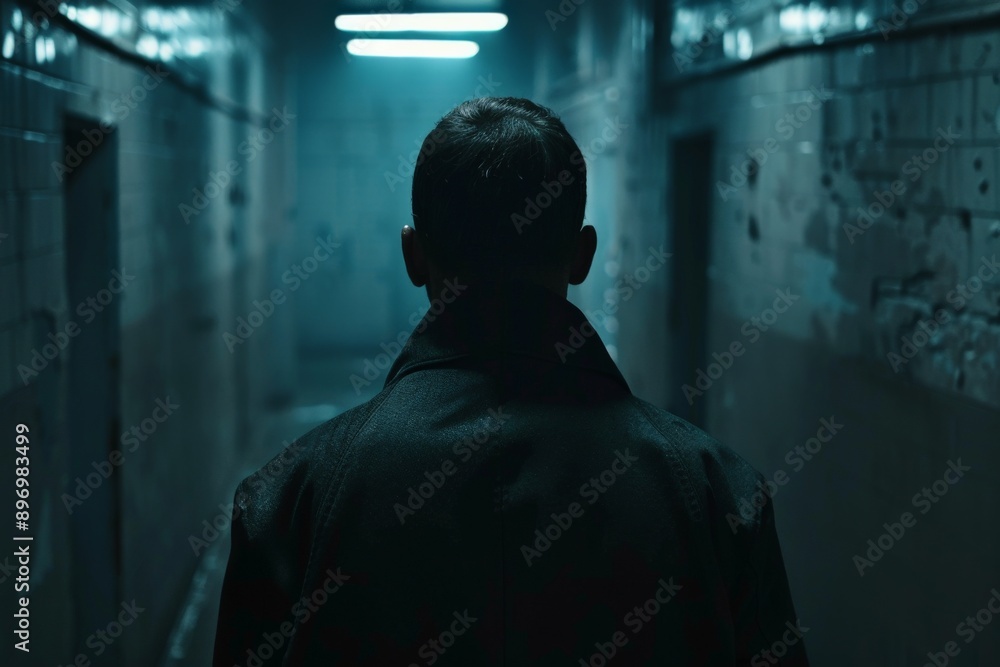 Man Walking Away in Dark Hallway. Man Walking Away in Dark Hallway.