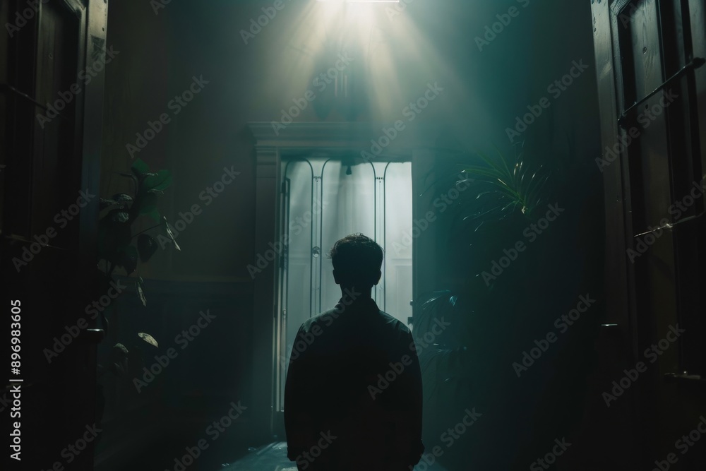 Silhouette of a man standing in a dark hallway with a light shining through a door. Silhouette of a man standing in a dark hallway with a light shining through a door.