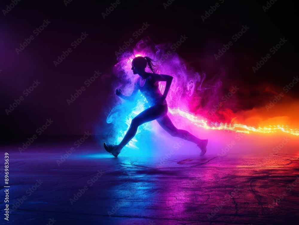 Dynamic Silhouette of a Female Runner with Vibrant Neon Light Trails in a Dark Studio Setting Dynamic Silhouette of a Female Runner with Vibrant Neon Light Trails in a Dark Studio Setting