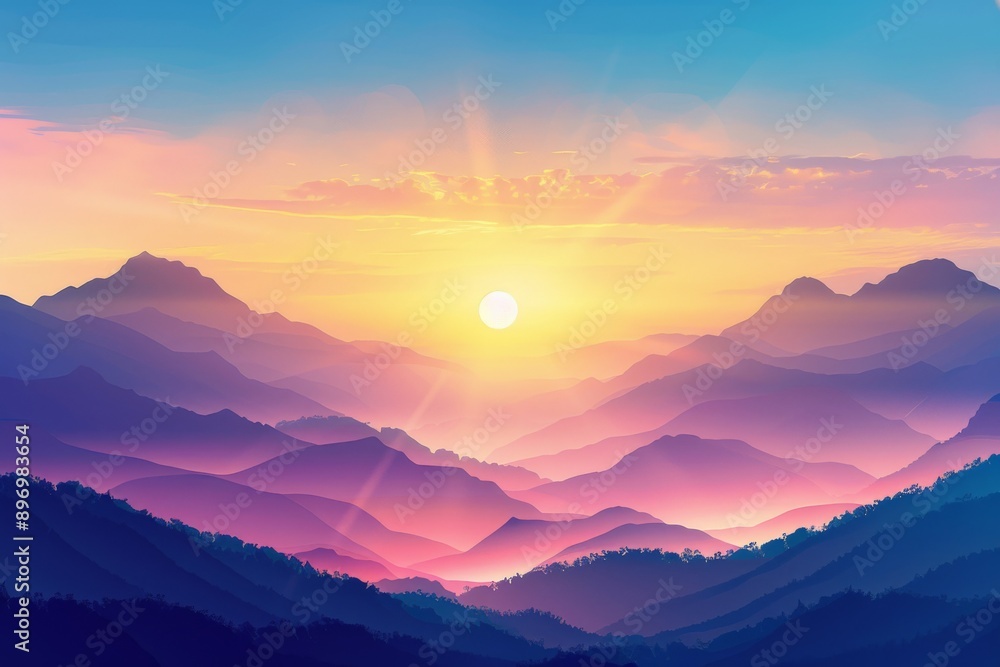 custom made wallpaper toronto digitalSunrise Landscape Flat Illustration, Color Dawn in Mountains, Sunset Sun Beams Landscape