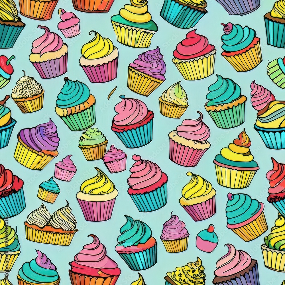 Seamless pattern of cupcakes with different frosting designs, Generative AI Seamless pattern of cupcakes with different frosting designs, Generative AI