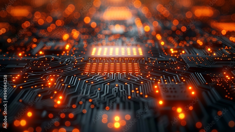Close-Up of a High-Tech Circuit Board with Glowing Components and Intricate Patterns for Technology Enthusiasts Close-Up of a High-Tech Circuit Board with Glowing Components and Intricate Patterns for Technology Enthusiasts