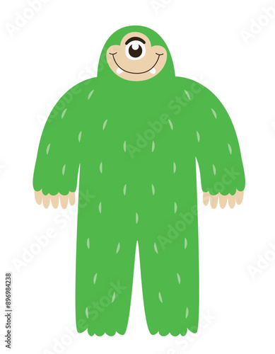 Green monster with fangs. Funny Halloween character.