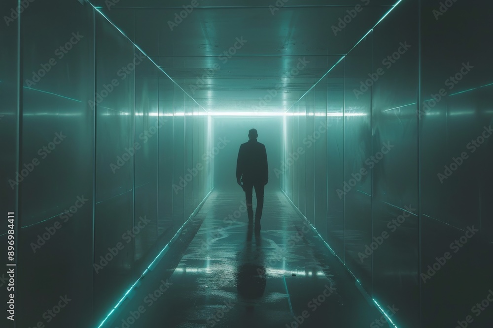 Silhouette of a Man Walking Through a Green Neon Tunnel. Silhouette of a Man Walking Through a Green Neon Tunnel.