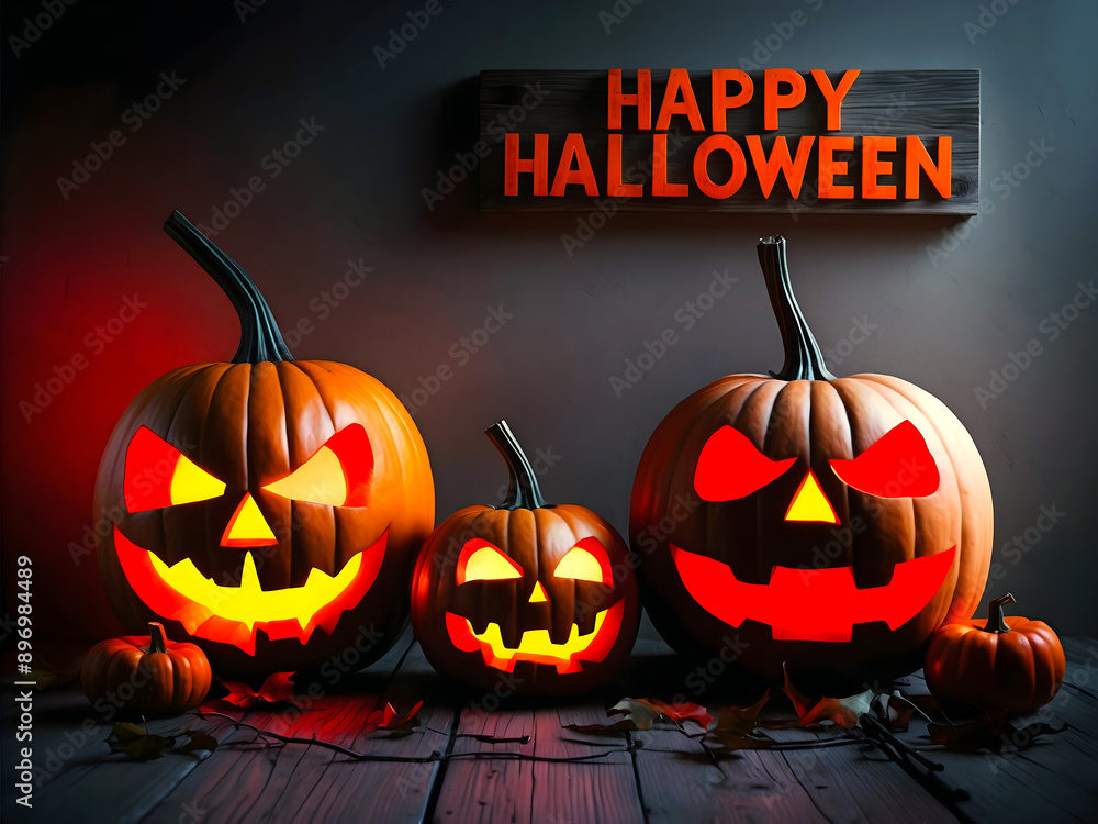 Text Happy Halloween, scary carved glowing pumpkins, festive background, jack-o-lantern, October 31. holiday, poster, template