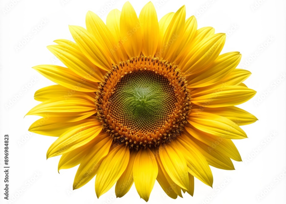 Vibrant yellow petals and dark center of a large sunflower isolated on a clean white background, perfect for nature, beauty, and summer-themed designs. Vibrant yellow petals and dark center of a large sunflower isolated on a clean white background, perfect for nature, beauty, and summer-themed designs.