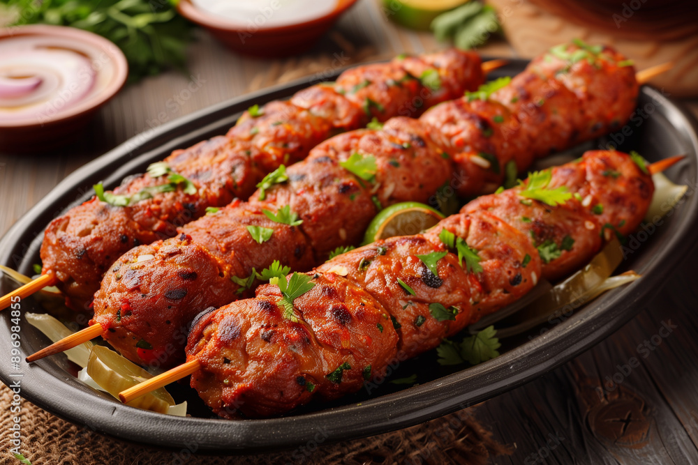 Grilled shish kebab, arabic kofta. Kofte kebab from mince lamb and beef meat on Skewer. Grilled shish kebab, arabic kofta. Kofte kebab from mince lamb and beef meat on Skewer.