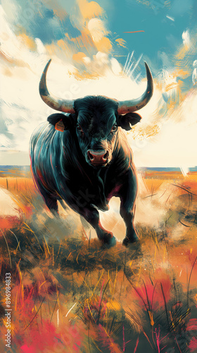 Schwarzer Bulle in Camargue Landschaft