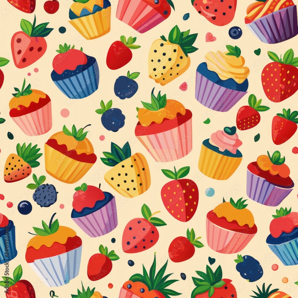 Seamless pattern of cupcakes with fruit toppings like strawberries and blueberries, Generative AI Seamless pattern of cupcakes with fruit toppings like strawberries and blueberries, Generative AI