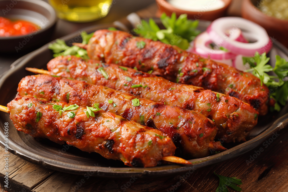 Grilled shish kebab, arabic kofta. Kofte kebab from mince lamb and beef meat on Skewer. Grilled shish kebab, arabic kofta. Kofte kebab from mince lamb and beef meat on Skewer.