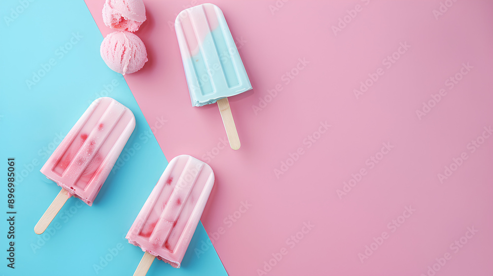 popsicle, pastel blue and pink background, flat lay, minimalist aesthetic popsicle, pastel blue and pink background, flat lay, minimalist aesthetic