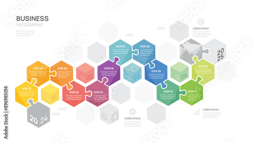 Infographic hexagon diagram 12 processes steps template for business, presentation vector infographics.