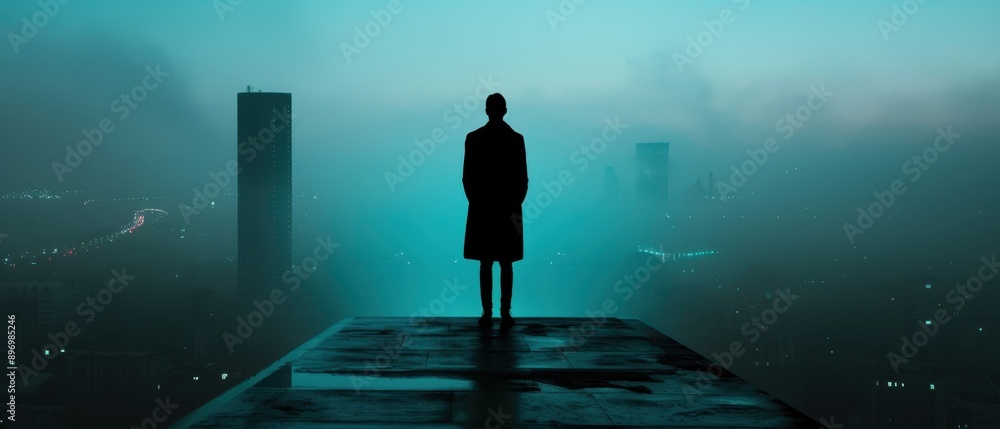 Silhouette of a Man Standing on a Rooftop Overlooking a Foggy Cityscape at Dusk Silhouette of a Man Standing on a Rooftop Overlooking a Foggy Cityscape at Dusk