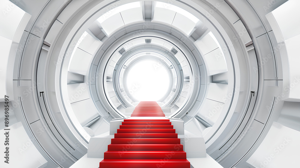 Fototapeta premium White background, a luxury red and white circular staircase is in the center with blank space, futuristic feel. atmosphere of technological sci-fi. 