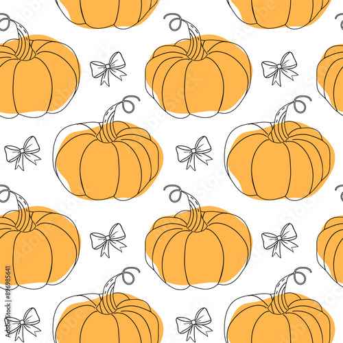 Seamless pattern of pumpkins and bows in doodle style on a white background. Autumn background. Vector illustration