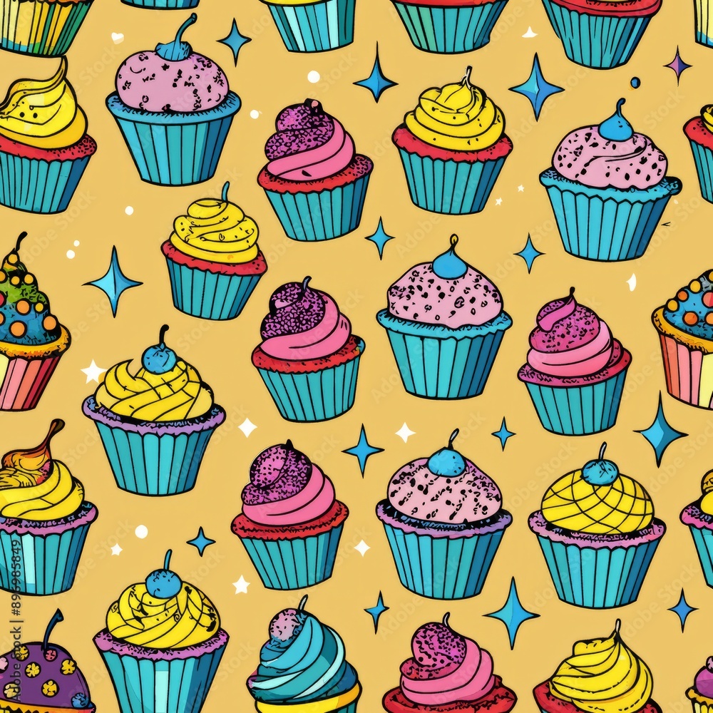 Seamless pattern of cupcakes with glittery frosting, Generative AI Seamless pattern of cupcakes with glittery frosting, Generative AI