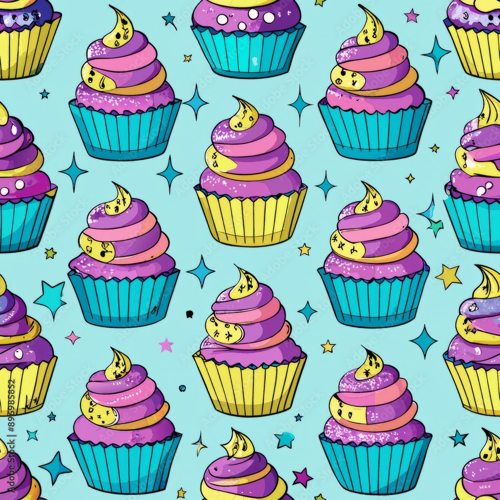 Seamless pattern of cupcakes with glittery frosting, Generative AI Seamless pattern of cupcakes with glittery frosting, Generative AI
