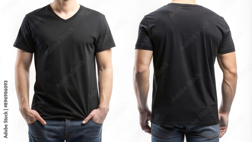 Fashionable apparel collage display featuring a black T-shirt with front and back views, highlighting the garment's design, texture, and folds on a clean white background. Fashionable apparel collage display featuring a black T-shirt with front and back views, highlighting the garment's design, texture, and folds on a clean white background.
