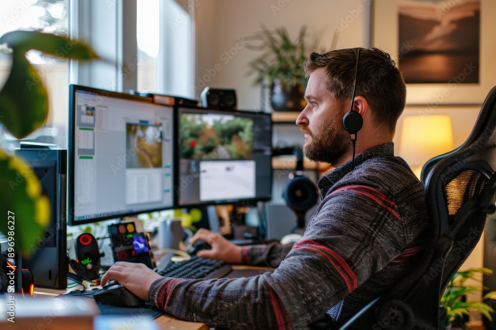 Man Working on Computer with Headphones. Man Working on Computer with Headphones.