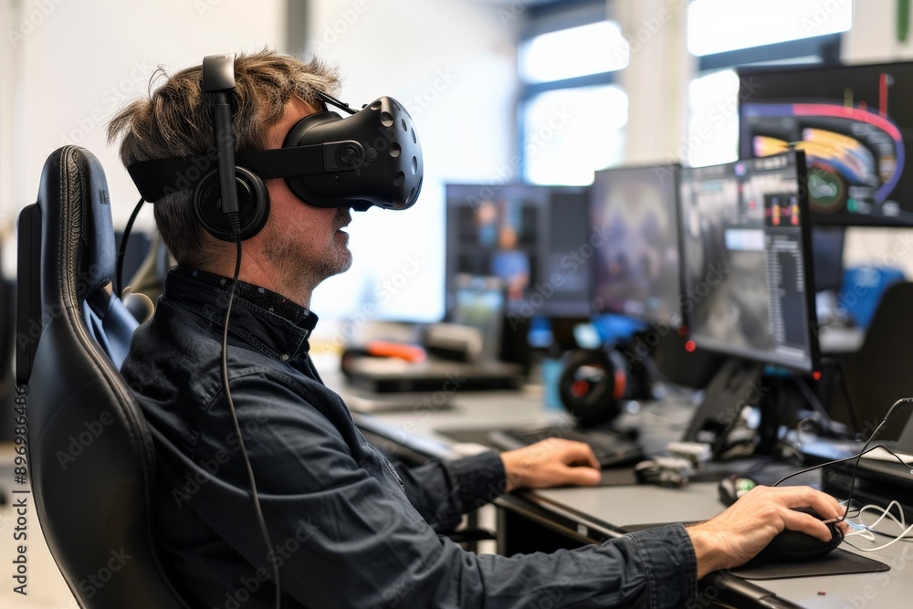 Man using virtual reality headset in office. Man using virtual reality headset in office.