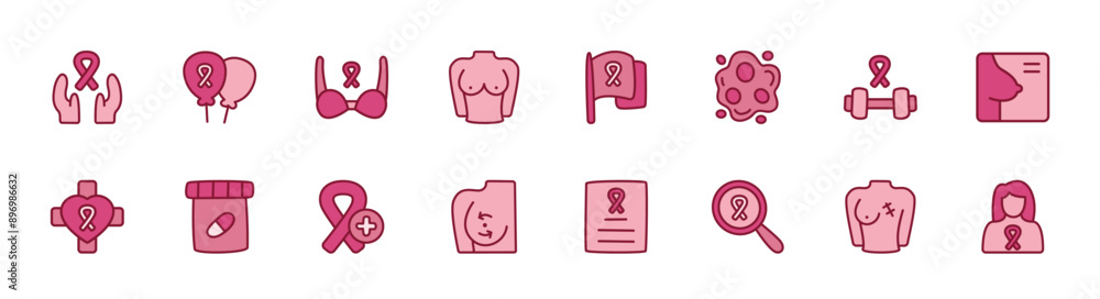 Set of breast cancer awareness icons. 16 sets of breast cancer awareness icons. Breast cancer awareness icons. Simple line color breast cancer awareness icons Set of breast cancer awareness icons. 16 sets of breast cancer awareness icons. Breast cancer awareness icons. Simple line color breast cancer awareness icons