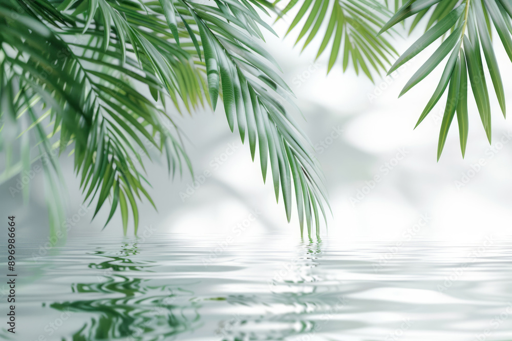 A light background with palm leaves and water ripples in soft tones. A light background with palm leaves and water ripples in soft tones.