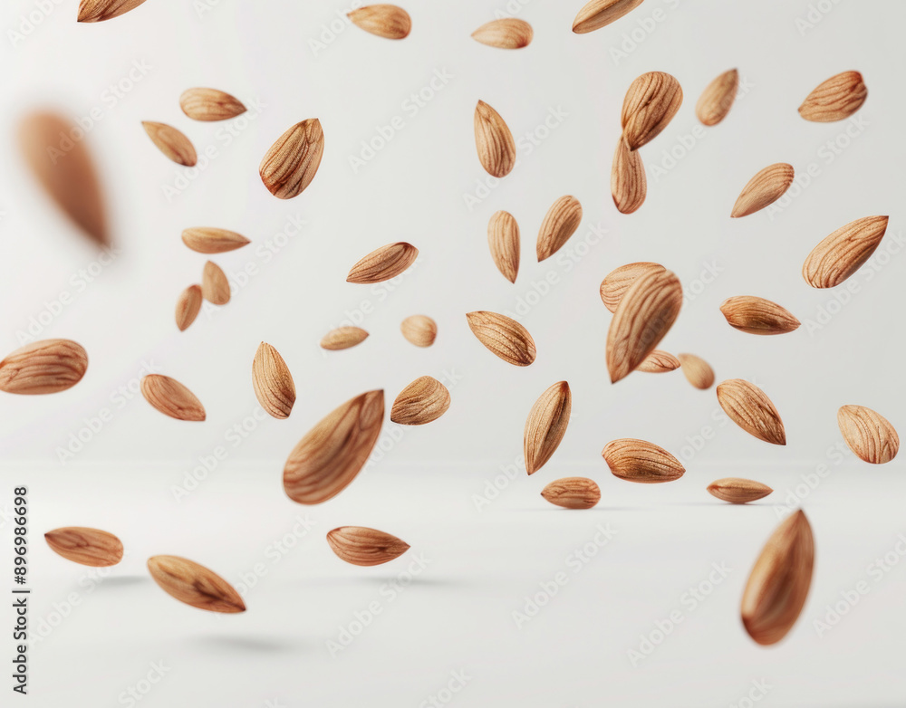 A flat lay of raw almond nuts flying on a white background in high details. A flat lay of raw almond nuts flying on a white background in high details.