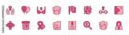 Set of breast cancer awareness icons. 16 sets of breast cancer awareness icons. Breast cancer awareness icons. Simple line color breast cancer awareness icons